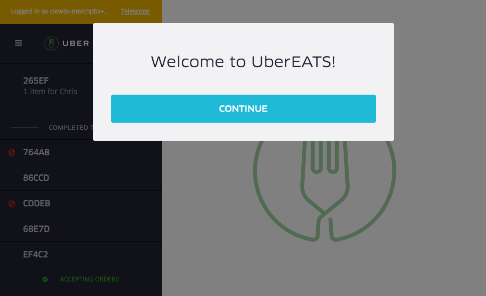 Restaurant Dashboard showing a modal to force user interaction and therefore enable sound.