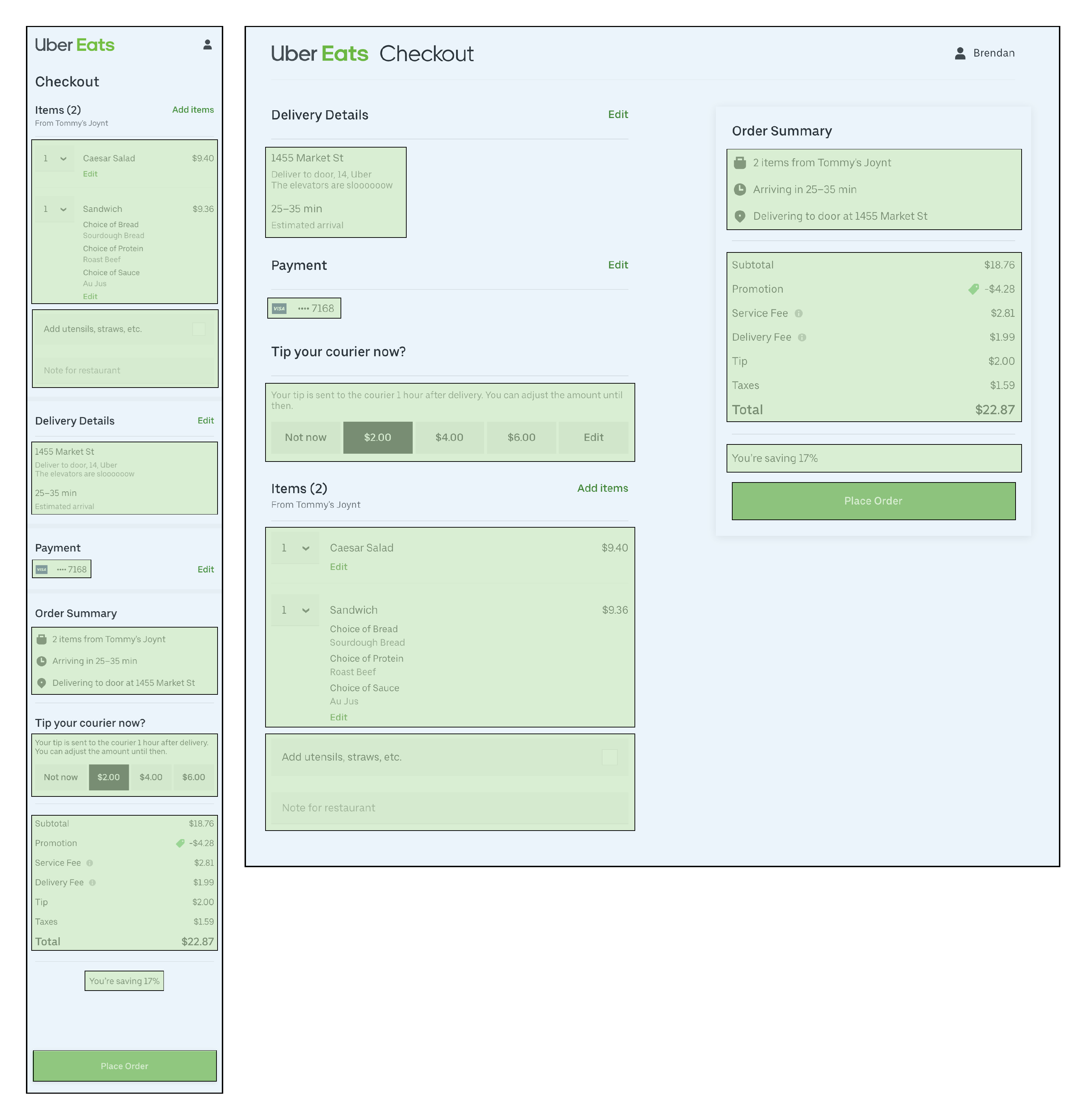 Figure 3. In these screenshots of the checkout screen on mobile devices (left) and desktop (right), we highlighted components shared between platforms in green.
